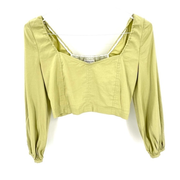 Aritzia Babaton GREEN Hadwyn Puff Sleeve Crop Sweetheart Neckline Linen Blouse - Picture 1 of 6